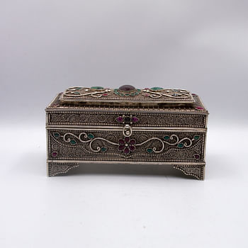 Exquisite Pure Silver Filigree Inlay Jewel Woman Jewelry Storage Box, Ruby And Emerald Gemstones Box