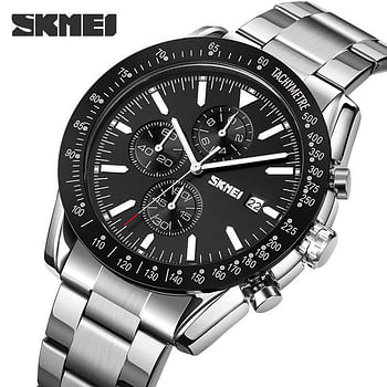 SKMEI 9253 New Design Silver Men's Quartz Watch Original Stainless Steel Band 3 Dials Chronograph Calendar Casual Watch Design - Silver and Black