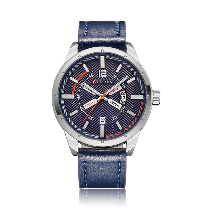 Curren 8211 Watch Leather Strap with Date and Day Stylish Watch  Blue/Silver