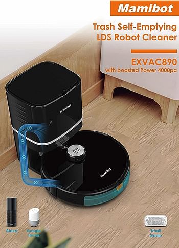 Mamibot EXVAC890 Glory 4th Generation LDS Slam Robot Vacuum Cleaner with Self-emptying Dust Box and Dust Collector with Max 4000pa Vacuuming Power - Black