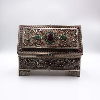 Exquisite Pure Silver Filigree Inlay Jewel Woman Jewelry Storage Box, Ruby And Emerald Gemstones Box