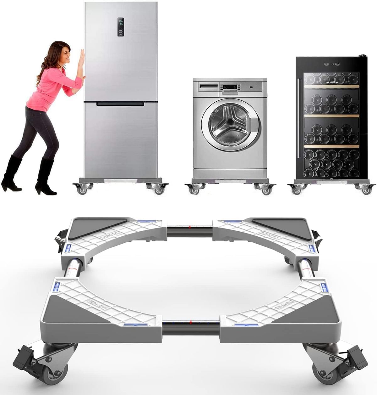 4 Wheels Multifunctional Adjustable Washing Machine Base Frame Base 44-58 cm Washing Machine Base Machines for Fridge Dryer Washing Machine Bear Load 226 kg