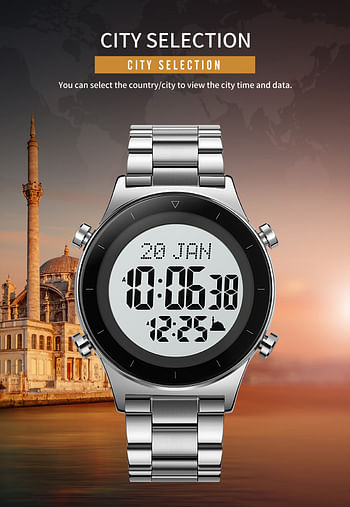 SKMEI 2142  Stainless Steel Hijri Islamic Wristwatch Muslim Azan Prayer with Qibla Compass