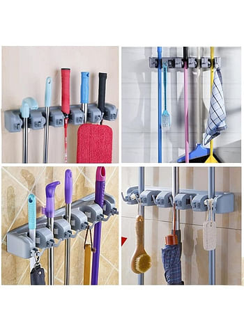 Pack of 2 We Happy Broom Holder Wall Mounted Mop Organizer Space Saving Storage Rack For Kitchen Garden Garage Laundry Offices - 5 Positions with 6 Hooks