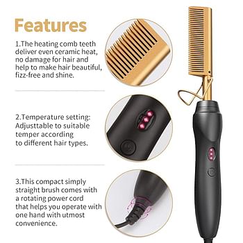 Electric Hot Comb, Hair Straightener, Portable Travel Beard Comb Hair Anti-Scald Ceramic Press Comb, Suitable for Men and Women Black and Gold