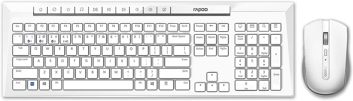 RAPOO 8210M Wireless Keyboard and Mouse Combo, Multi-mode connectivity connect up to 3 Devices simultaneously, BT5.0, BT 3.0 and 2.4 G | Adjustable DPI Optical Mouse English/Arabic Layout (White)