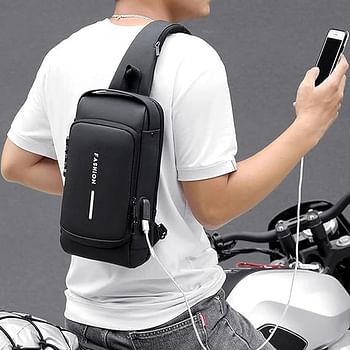 Shoulder Bag Crossbody Backpack, USB Charging Sports Shoulder Bag for Men Women, Anti Theft Chest Bag with Password Lock, Water Resistant Adjustable Shoulder Strap Motorcycle Bag
