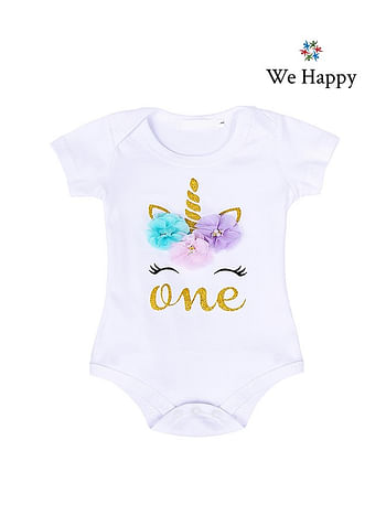 We Happy 4 Pieces 1st Birthday Baby Girl Costume Set, Newborn Princess ONE Printed Dress for Theme Party Photoshoot, Unicorn Bodysuit with Tutu Skirt, Cake Topper and Floral Headband - Purple, 1 Year