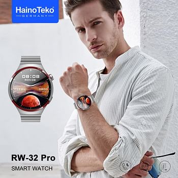 Haino Teko Germany RW32 Pro Space X Edition Round Shape Curved AMOLED Display Smart Watch With 3 Pair Straps, Tasbeeh, 5 Time Pray Alarm and Wireless Charger  - Silver