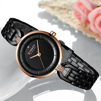 Curren 9052 Original Brand Stainless Steel Band Wrist Watch For Women / All Black