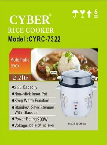 Cyber Automatic Rice Cooker 3 in 1 Functions Non-Stick Inner Pot Stainless steel steamer Automatic Shut Off with Overheat Protection 2.2L CYRC7322
