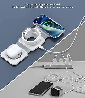 Wireless Charger Foldable 3 in 1 Magnetic Fast Wireless Charging Pad Station Charger Travel Charger for Multiple Devices for iPhone 14/13/12 Series, AirPods 3/2/Pro, iWatch