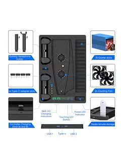 Compatible with PS5 Vertical Stand with Controller Charging Station Suction Cooling Fan Dual Controller Charger Station PS5 Gaming Accessories for PS5 Console with Headset Holder
