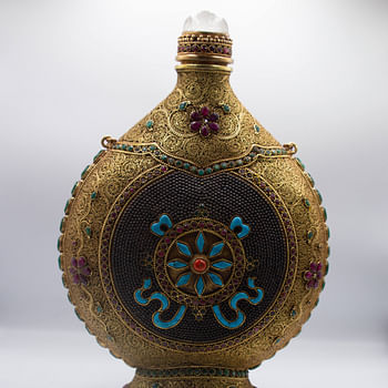 Antique Handcarved Crystal Filgree Bottle Pot Home Decoration Silver Plated Gold and Silver Plated Inlay with Crystal quartz, Rubies and Emeralds Gemstones, Turquoise Crystal Handcrafted in Nepal