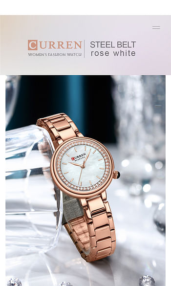 Curren 9089 Original Brand Stainless Steel Band Wrist Watch For Women / Rose Gold White Dial