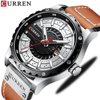 CURREN 8374 Chocolate PU Leather Analog Watch For Men - Silver & Chocolate