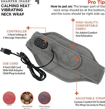 Calming Heat Neck Wrap by Sharper Image Personal Electric Neck Heating Pad with Vibrations 3 Heat And 3 Vibration Settings 9 Relaxing Combinations - Grey