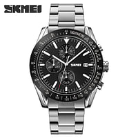 SKMEI 9253 New Design Silver Men's Quartz Watch Original Stainless Steel Band 3 Dials Chronograph Calendar Casual Watch Design - Silver and Black