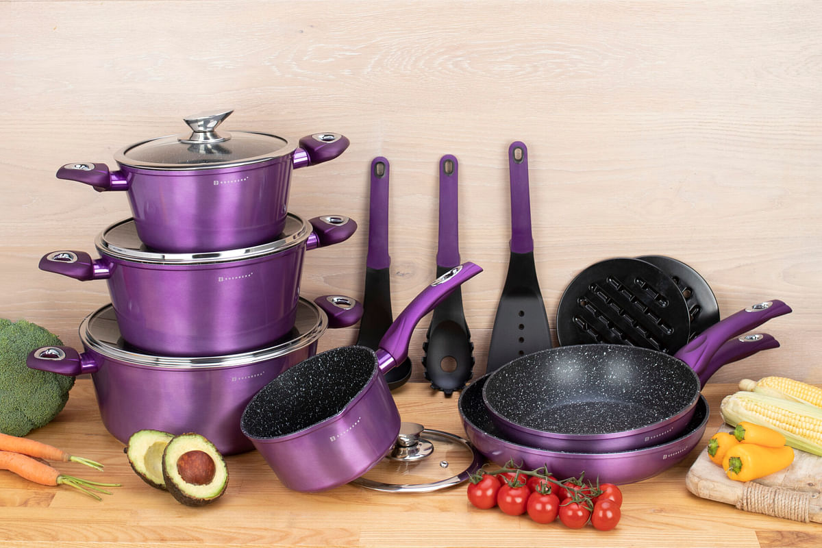 EDENBERG 15 Piece Metallic Purple Forged Cookware Set| Stove Top Cooking Pot| Cast Iron Deep Pot| Butter Pot| Chamber Pot with Lid| Deep Frypan