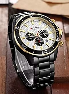 CURREN Men's 8309  Chronograph Waterproof Stainless Steel Band Casual Quartz Watch - 48 mm -Black & Gold