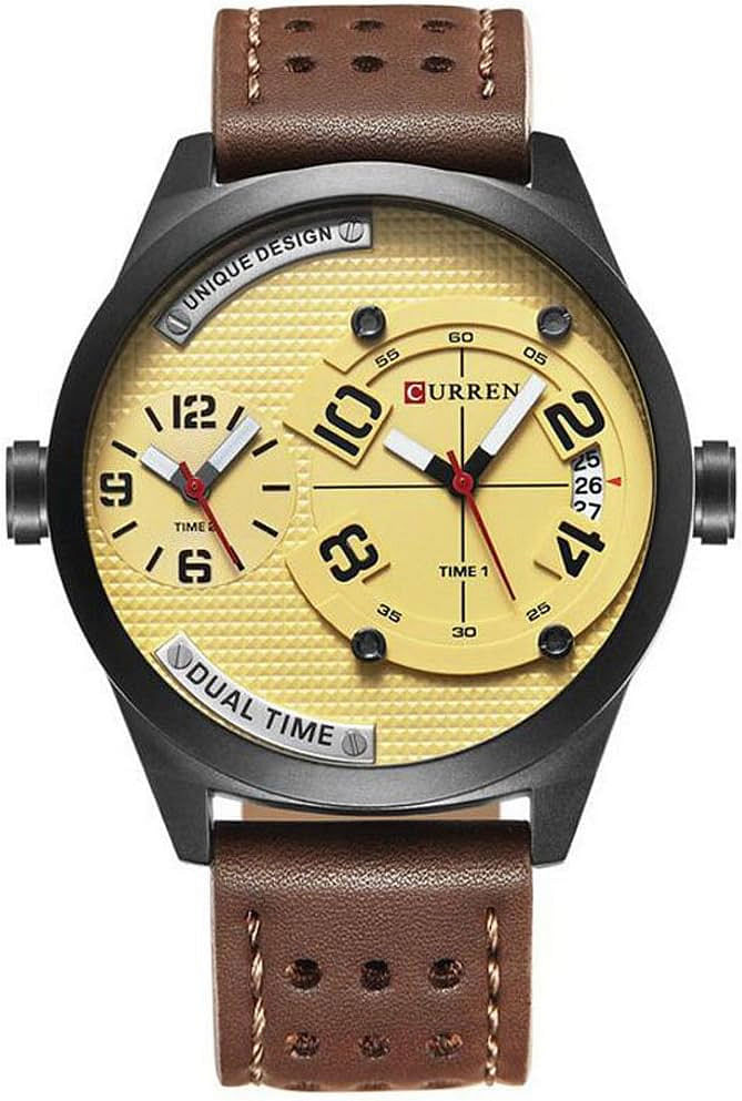 ساعة يد كورين 8252 أصلية بسوار جلدي للرجال / بني غامق