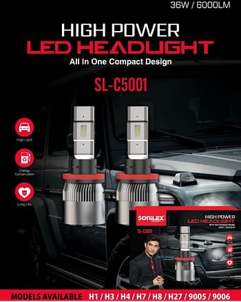 SONILEX All in one Compact design 36W/6000LM High Power Led Headlight SL-C5001