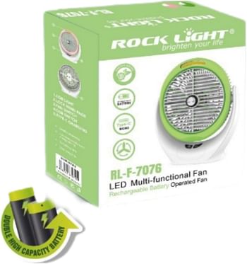 مروحة روك لايت مقاس 8 بوصات LED متعددة الوظائف RL-F-7076، مروحة محمولة تعمل بالبطارية قابلة لإعادة الشحن مع ضوء COB، بطارية ليثيوم 2400 مللي أمبير في الساعة، TYPE-C وشحن USB صغير