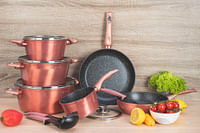 EDENBERG 15 Piece Metallic Rose Gold Forged Cookware Set| Stove Top Cooking Pot| Cast Iron Deep Pot| Butter Pot| Chamber Pot with Lid| Deep Frypan