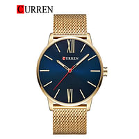 CURREN Original Brand Mesh Band Wrist Watch For Men 8238 Gold Blue