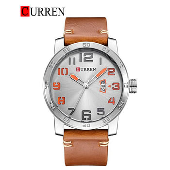 Curren 8254 Original Brand Leather Straps Wrist Watch For Men - Brown And Silver