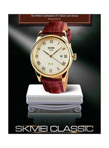 ساعة يد SKMEI كاجوال كوارتز للأعمال بأرقام رومانية وسوار جلدي 9058-بني-ذهبي