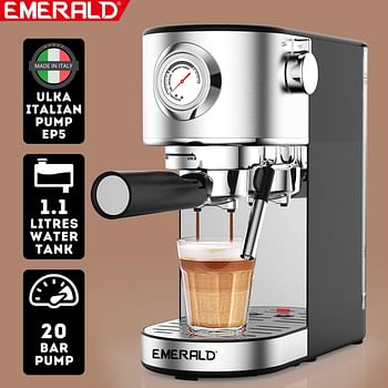 إميرالد - ماكينة صنع القهوة الأوتوماتيكية من الفولاذ المقاوم للصدأ، ماكينة صنع الإسبريسو والكابتشينو. 20 بار، خزان مياه سعة 1.1 لتر، وظيفة تكوين الرغوة، صينية تنقيط قابلة للإزالة. EK7911ECM