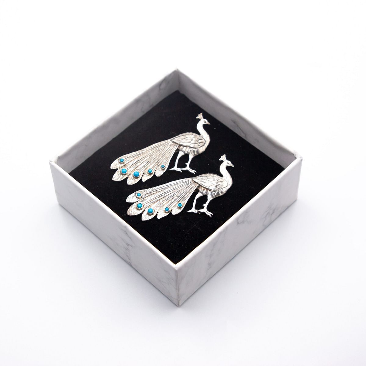 Exquisite 925 Silver Peacock Design with Natural turquoise  Crystals Pair of Brooch (2 pieces)