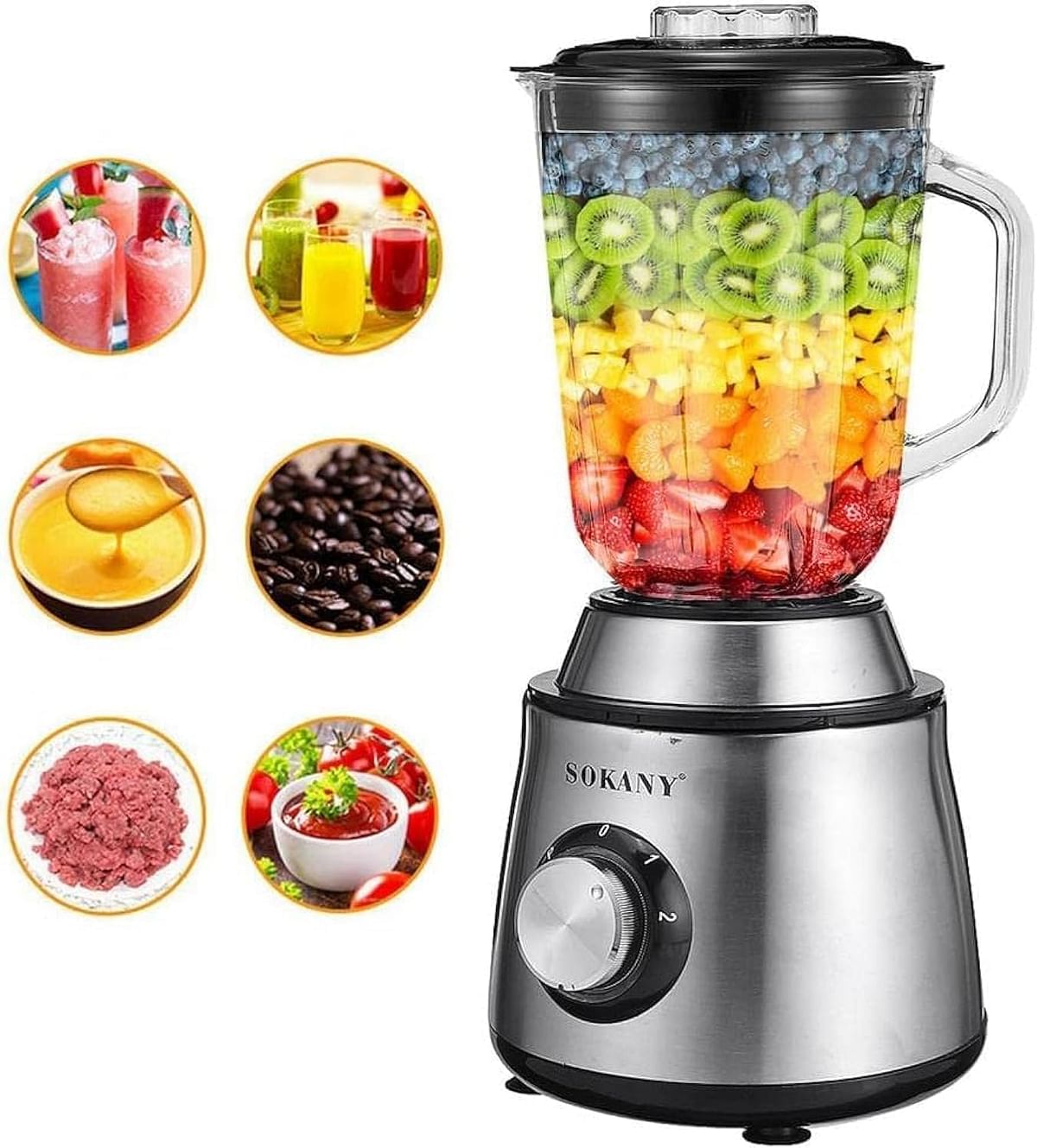 Sokany SK-155 2 in 1 Smoothie Blender Grinder, 2 Speed, 1.5L Blender Mixer with 0.3L Jar for Grinding, Ice Crush Function, Stainless Steel Blade