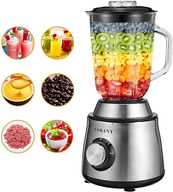 Sokany SK-155 2 in 1 Smoothie Blender Grinder, 2 Speed, 1.5L Blender Mixer with 0.3L Jar for Grinding, Ice Crush Function, Stainless Steel Blade