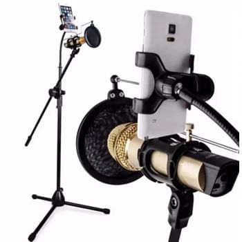 Metal Microphone Floor Stand with Boom Arm 360 Rotating Phone Holder