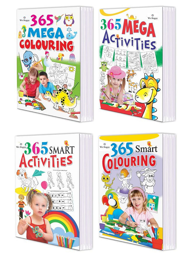 Pack of 4 We Happy 365 Mega Smart Coloring and Activities Books Educational and Fun Learning Activity for Kids with different Challenges Drawings and Enjoyable Games