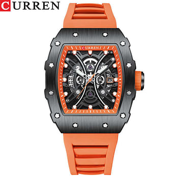 CURREN New Square Luminous Watches for Men Sport Casual Silicone Bracelet Hollow Auto Date Dial Wristwatches 8438 Quartz Watch Orange