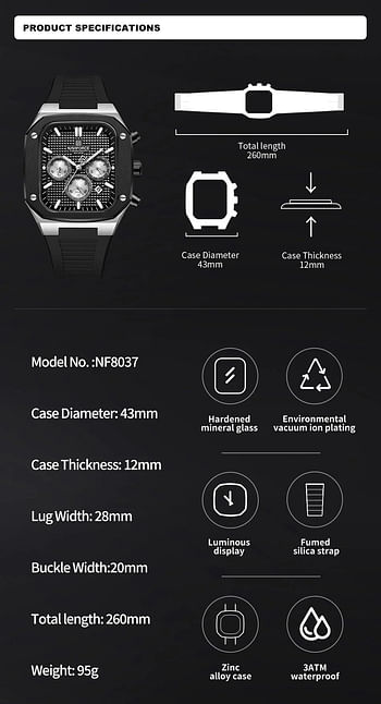 NAVIFORCE NF8037 Men's Square Classic Big Face Chronograph Waterproof Luminous Silicone Strap Watch 43 mm - Black, Silver