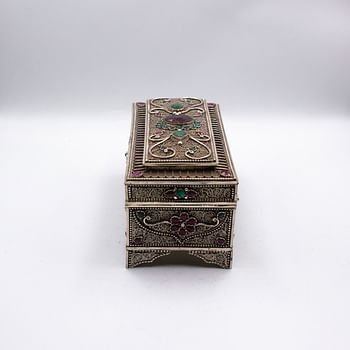 Exquisite Pure Silver Filigree Inlay Jewel Woman Jewelry Storage Box, Ruby And Emerald Gemstones Box