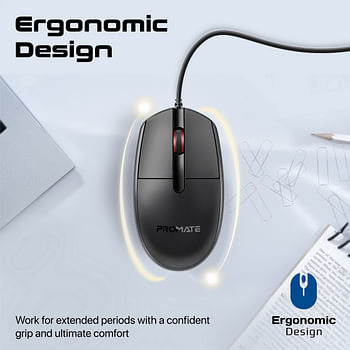 Promate Wired Mouse, Ergonomic Ambidextrous Optical Mouse with 6 million Keystrokes, 1200DPI, 3 Buttons, Hyper-Fast Scrolling, 1.5m Cord and Anti-Slip Grip for MacBook Pro, iMac, ASUS, Dell, CM-1200