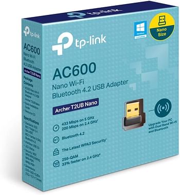 TP-Link Archer T2UB Nano AC600 USB 2.0 Wi-Fi Bluetooth 4.2 USB Adapter Dual Band Wireless 600 Mbps Plug and Play Supports Windows 11/10/8.1/8/7 for WIFI, Windows 11/10/8.1/7 for Bluetooth