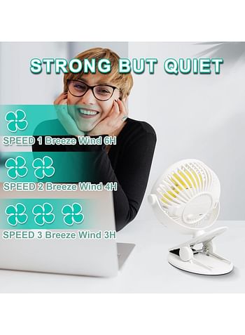 Portable Stroller Fan USB Clip On Fan Rechargeable, Desk Fan Clip Quiet Strong 3 Speed, 720° Rotate for Office Treadmill Camping Traveling - White