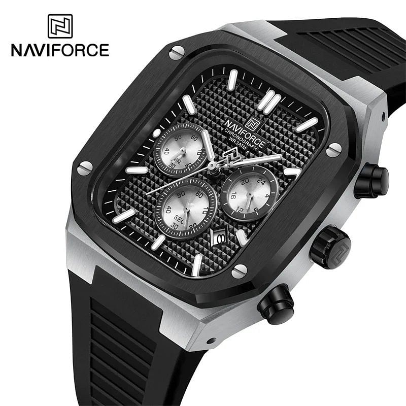 NAVIFORCE NF8037 Men s Square Classic Big Face Chronograph Waterproof Luminous Silicone Strap Watch 43 mm Black Silver