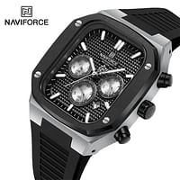 ساعة NAVIFORCE NF8037 S/B/B للرجال بتصميم مربع كلاسيكي كبير الوجه كرونوجراف مقاومة للماء بسوار من السيليكون المضيء - أسود