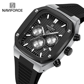 ساعة NAVIFORCE NF8037 S/B/B للرجال بتصميم مربع كلاسيكي كبير الوجه كرونوجراف مقاومة للماء بسوار من السيليكون المضيء - أسود