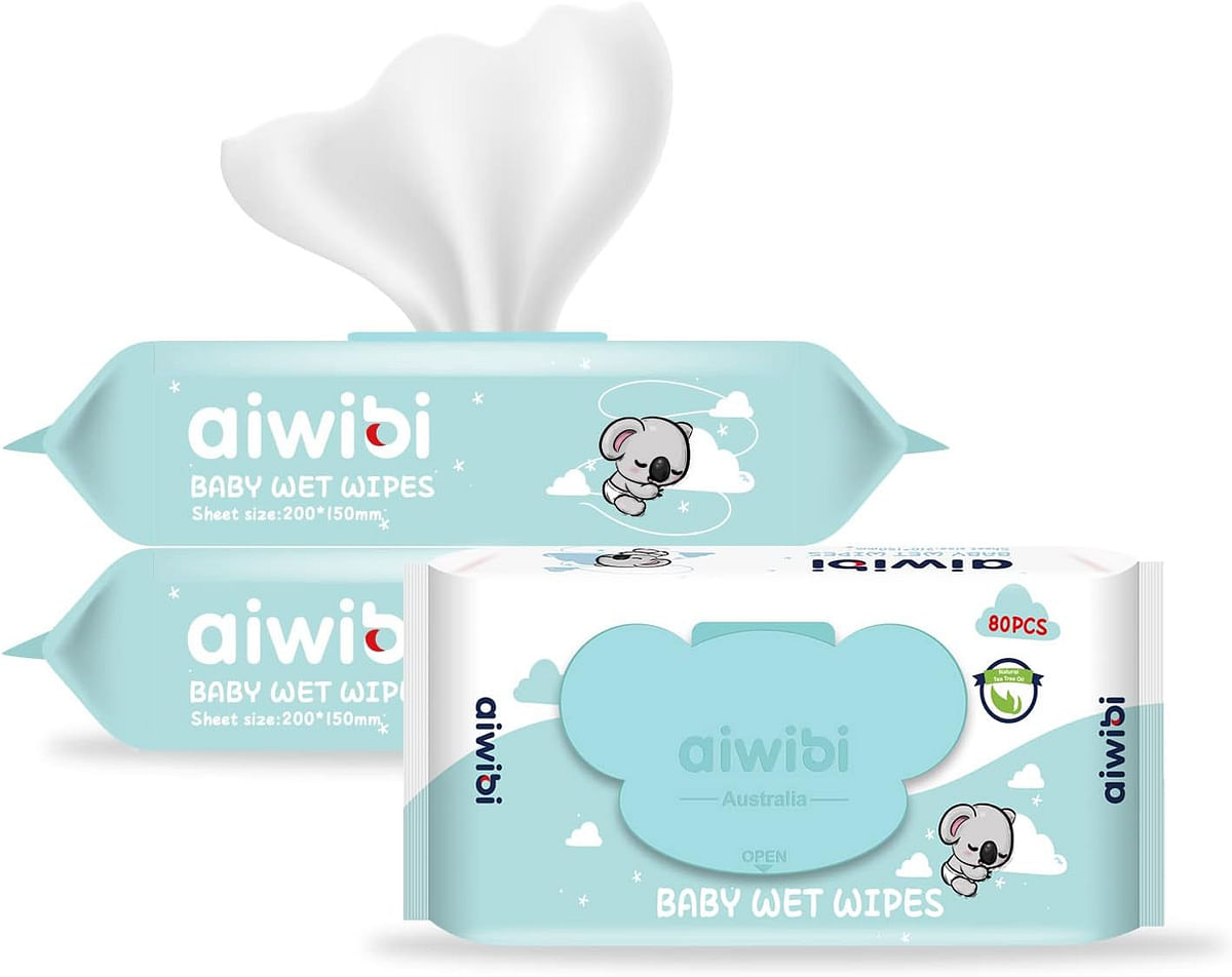 Aiwibi Soft Care Baby Wet Wipes (Natural Tea Tree Oil)-- Pack of 3 Pouches x 80Sheets, 240 Wipes