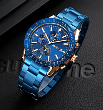 SKMEI 9253 new design silver mens quartz watch original Stainless steel band 3 dials Chronograph Calendar Casual watch design - Blue