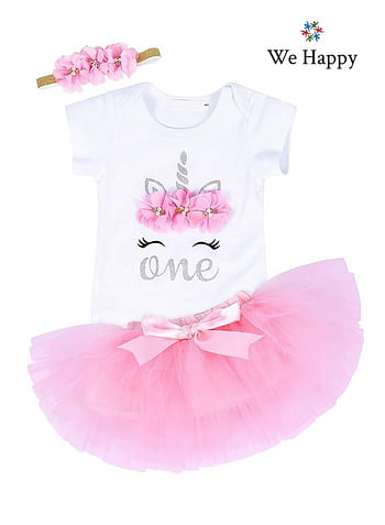 We Happy 4 Pieces 1st Birthday Baby Girl Costume Set, Newborn Princess ONE Printed Dress for Theme Party Photoshoot, Unicorn Bodysuit with Tutu Skirt, Cake Topper and Floral Headband - Pink, 1 Year