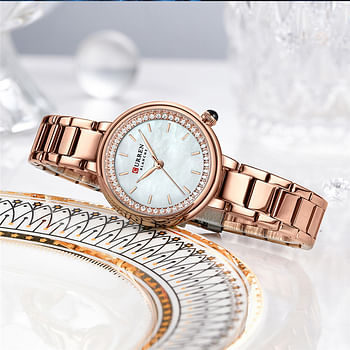 Curren 9089 Original Brand Stainless Steel Band Wrist Watch For Women / Rose Gold White Dial